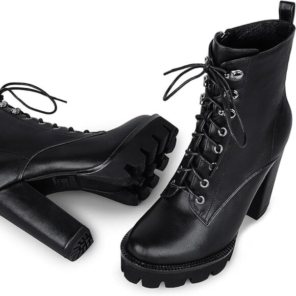 Platform Boots for Women, Heeled Combat Boots Chunky Heel Booties Matte Black - Picture 1 of 5